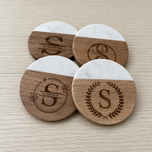 Set of 4 Wooden and Marble Drink Coasters