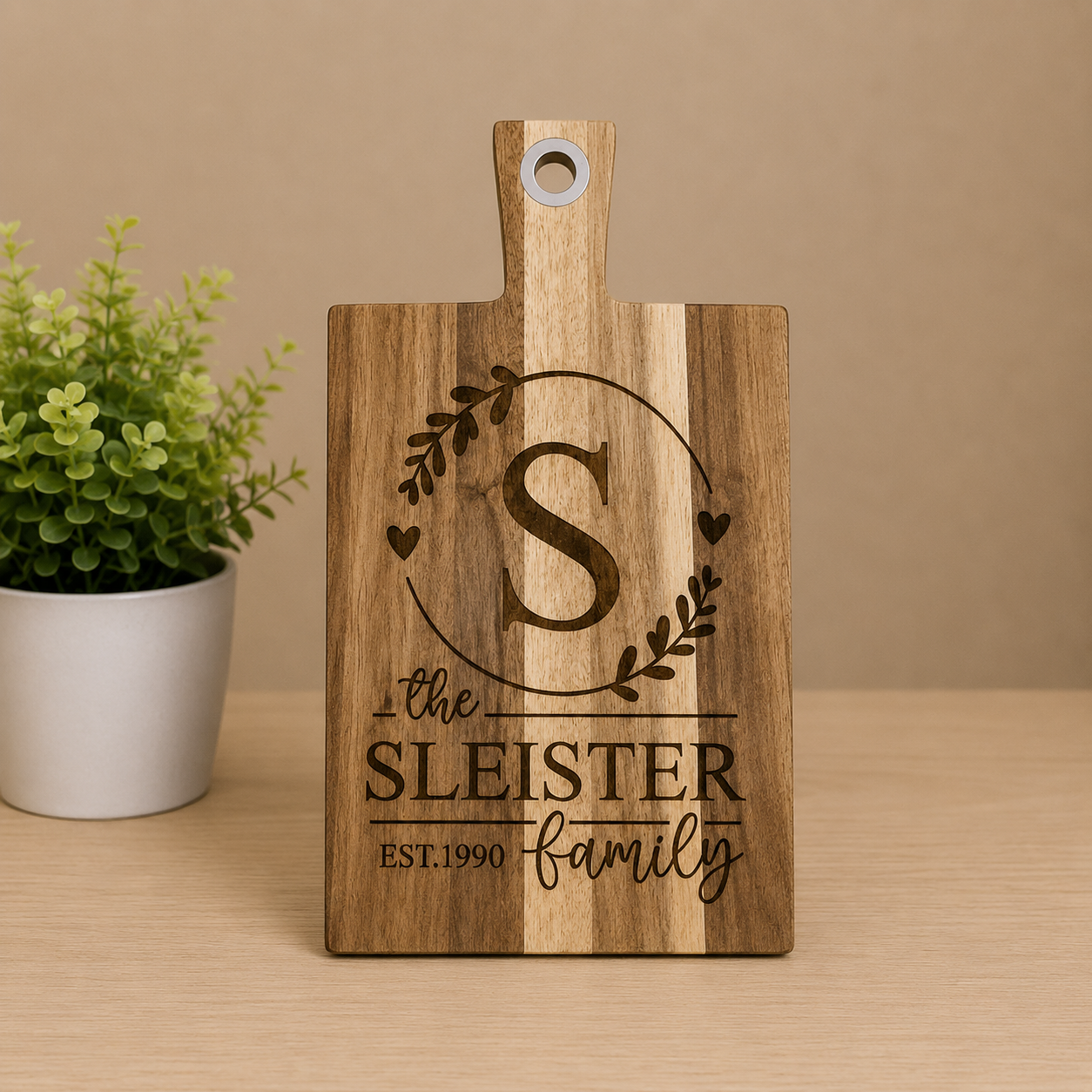 Solid Acacia Cutting Board with Handle and Rope Hanger